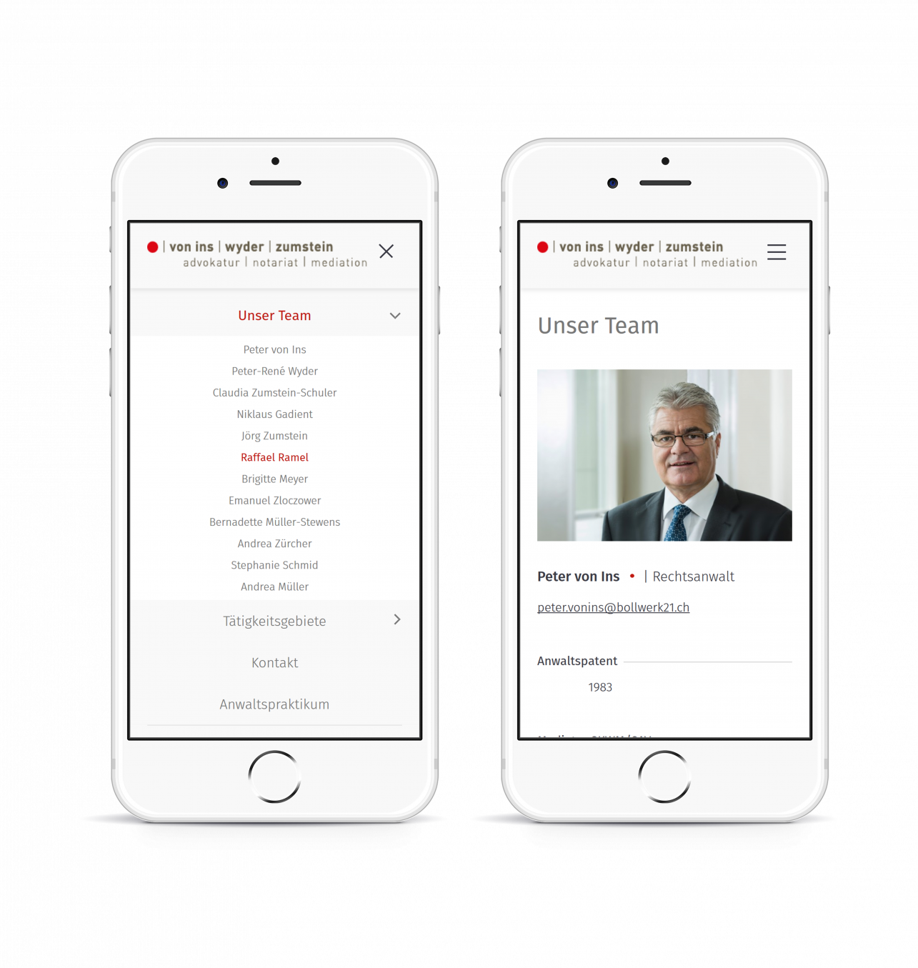 Die zweisprachige Website der Notariate ist auf mobile ebenso verfügbar wie auf Desktop. Das Bild zeigt einen Ausschnitt und die Navigation auf einem Smartphone.