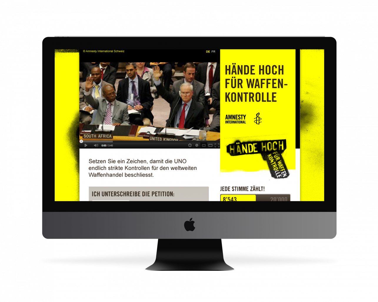 Die Kampagnenpage zur Kampagne für eine verschärfte Waffenkontrolle mit einem Pistolen-Graffity und dem Titel: Hände hoch für Waffenkontrolle.