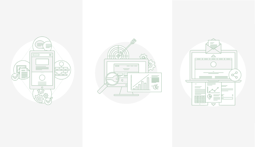 Es sind drei komplexe Illustrationen zu sehen, welche von fugu GmbH erstellt worden sind. Die 3 Illustrationen sollen verschiedene Abläufe im Online Marketing darstellen.