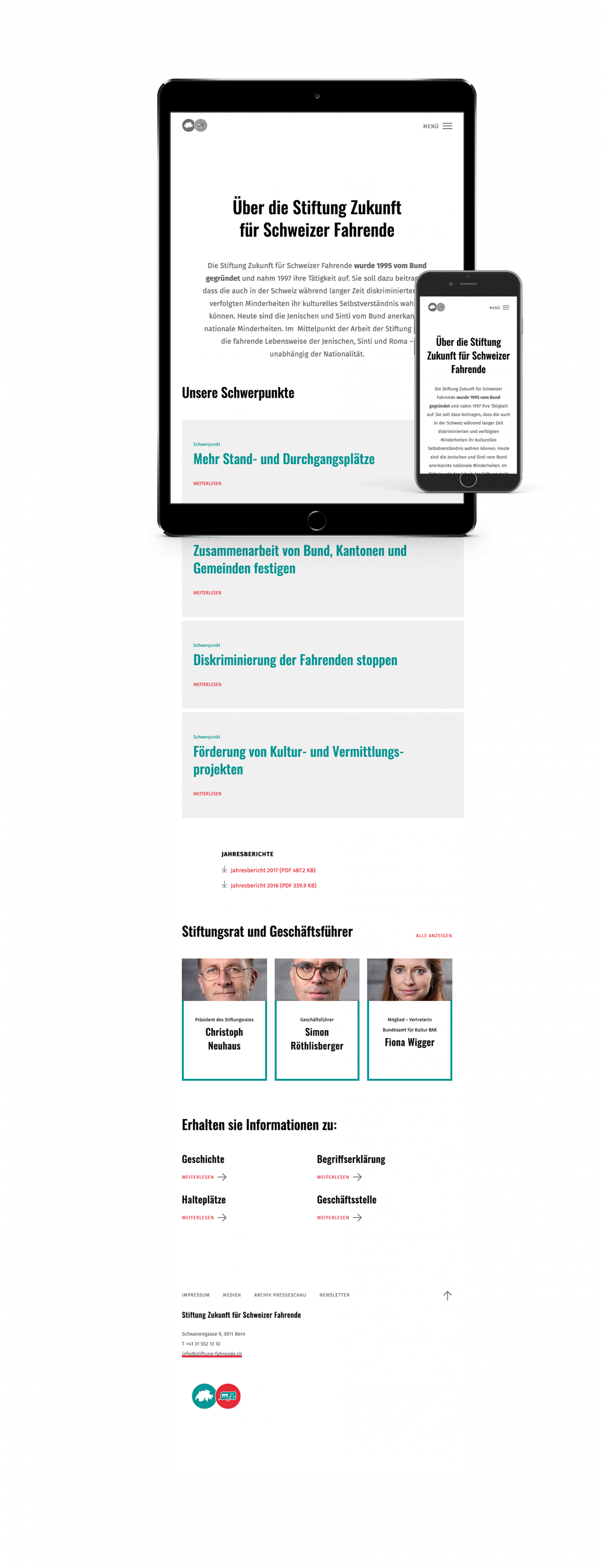 Es wird ein iPad und ein iPhobe mit einer Website der Stiftung Zukunft für Schweizer Fahrende gezeigt. Auf dieser Website ist die Stiftung und deren Ziele und Werte abgebildet. Dies ist eine Illustration für Webdesign der fugu Gmbh. 