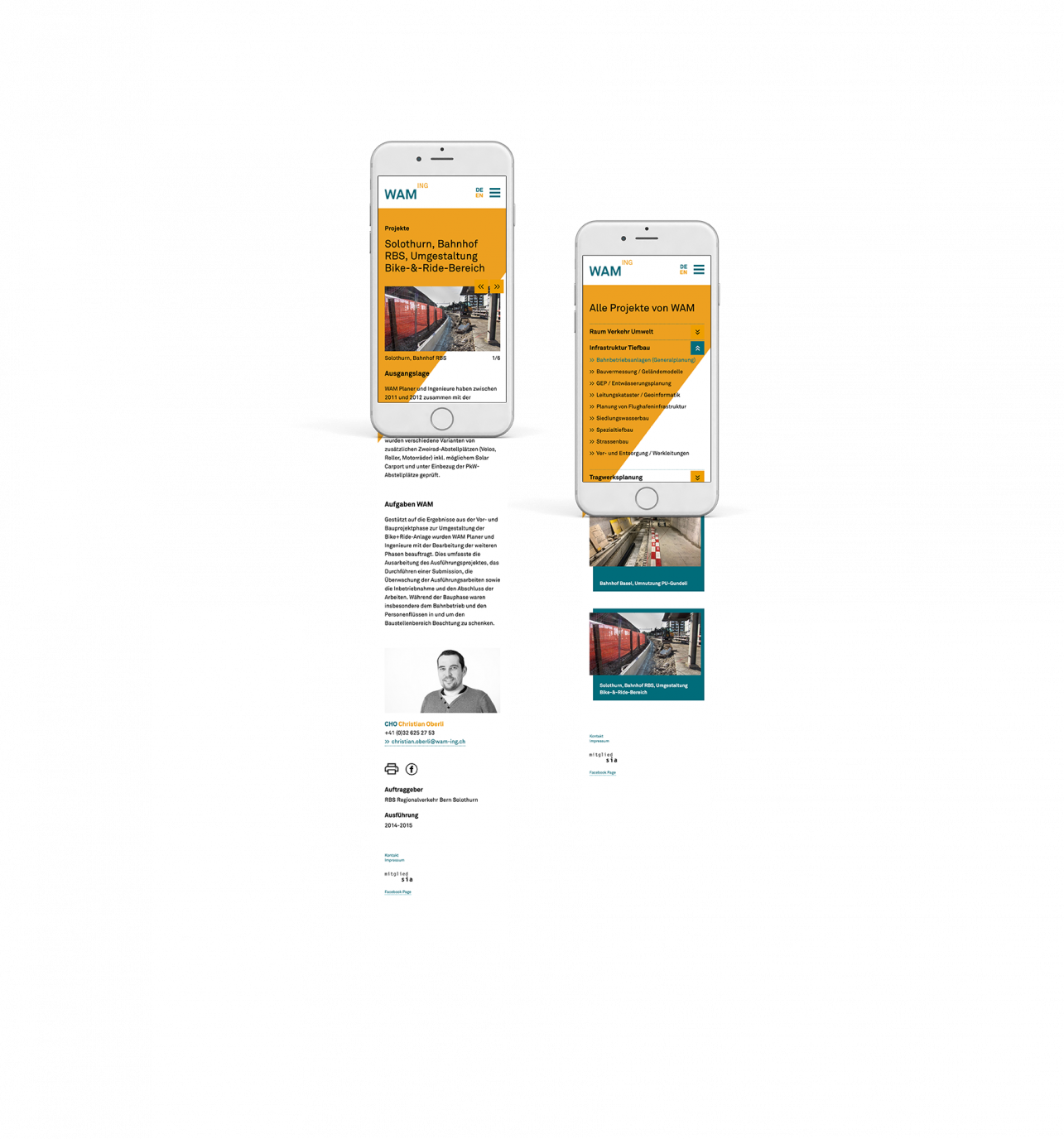 Die beiden weissen iPhones illustrieren wie das neue Webdesign auf den Smartphones aussieht. 