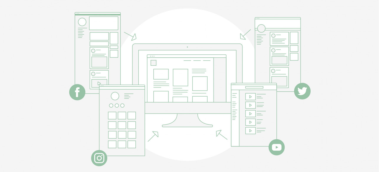 Es ist eine Illustration von 4 Social Media Kanälen und einem Macbook mit der Social Wall.