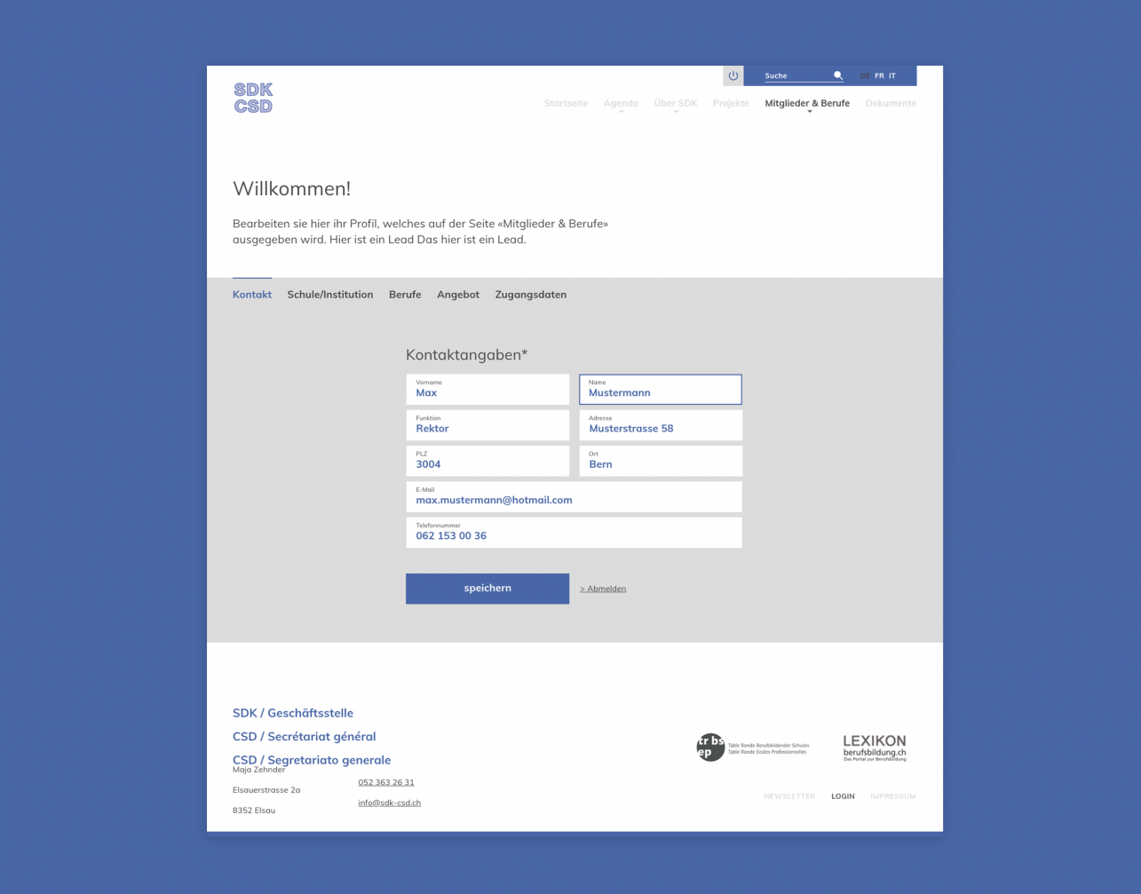 Hier ist auf einem blauen Hintergrund die Detailseite der Datenerfassung für Mitglieder der SDK auf der SDK Website abgebildet.