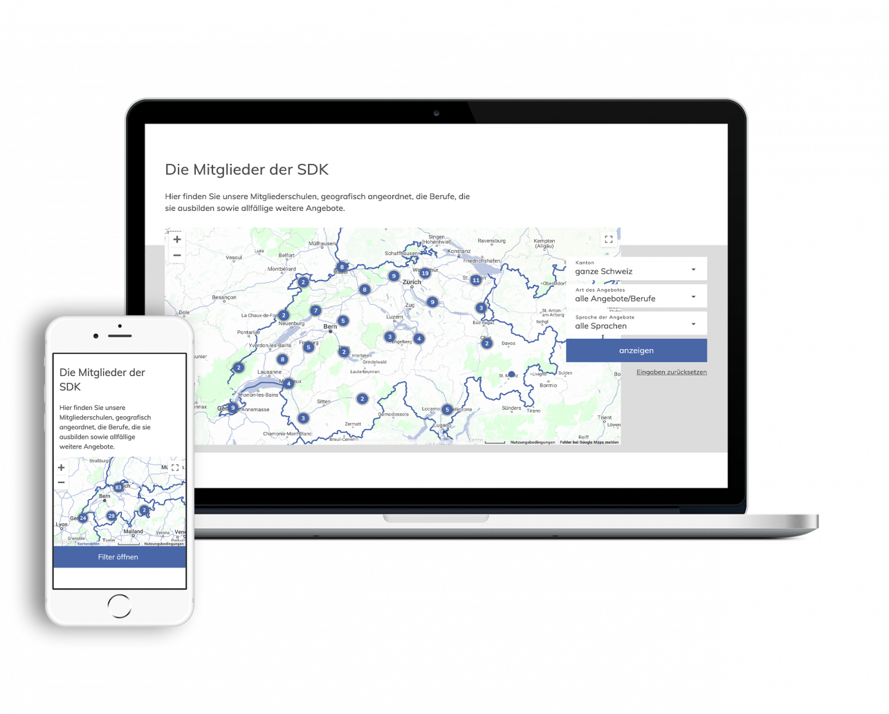 Hier ist ein Iphone und Macbook abgebildet, die jeweils die Kartenansicht der SDK Mitglieder auf der SDK Website aufzeigt.