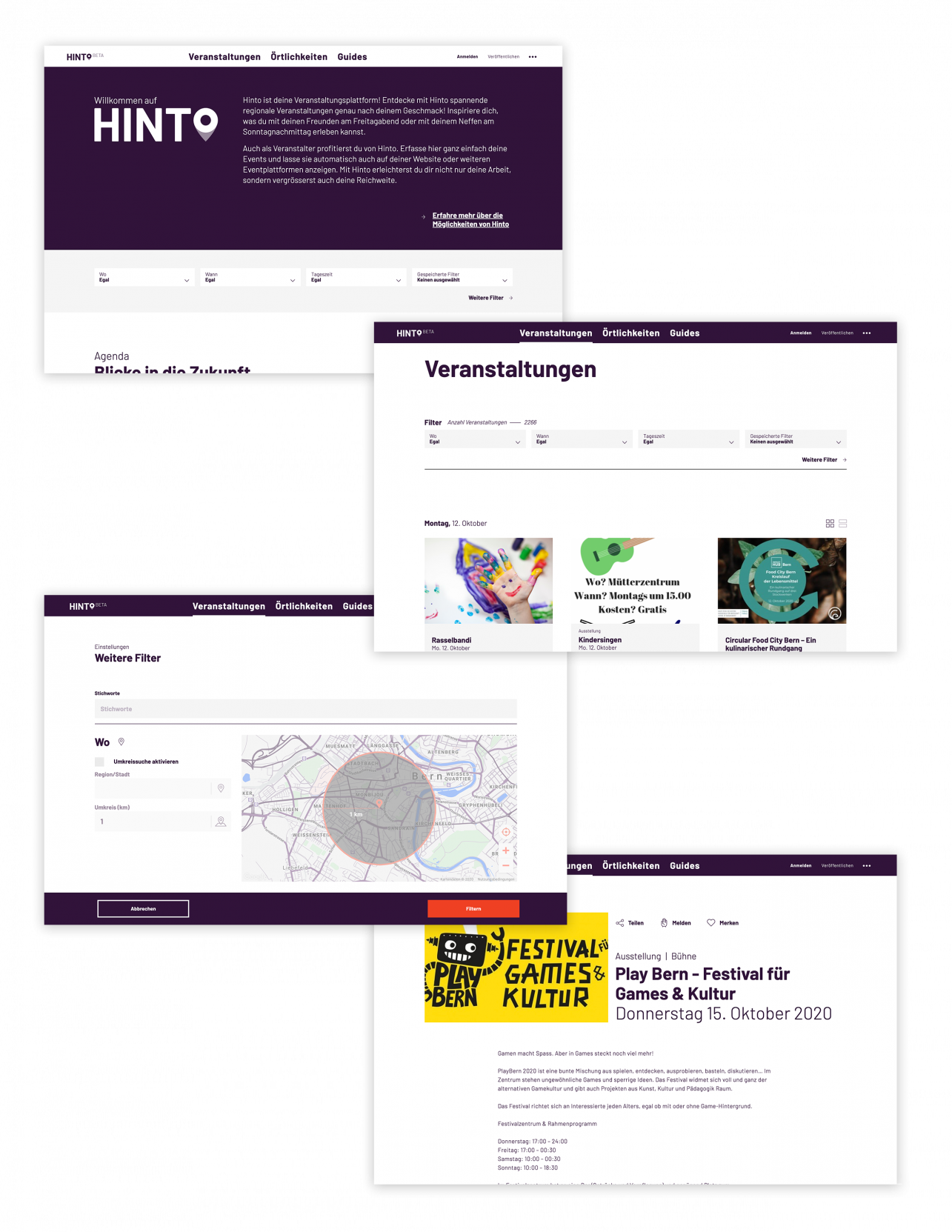 Hier sind 4 Screenshots von Hinto abgebildet. Es wird der Suchprozess durch Filter von Startseite bis Eventseite aufgezeigt.