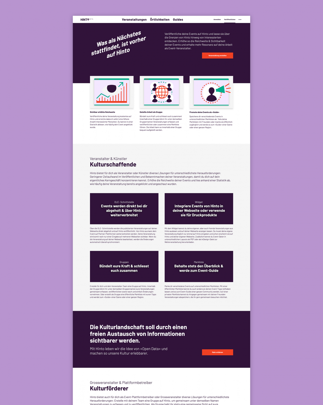 Hier ist auf violettem Hintergrund ein Screenshot der "Veröffentlichen" Seite auf Hinto.