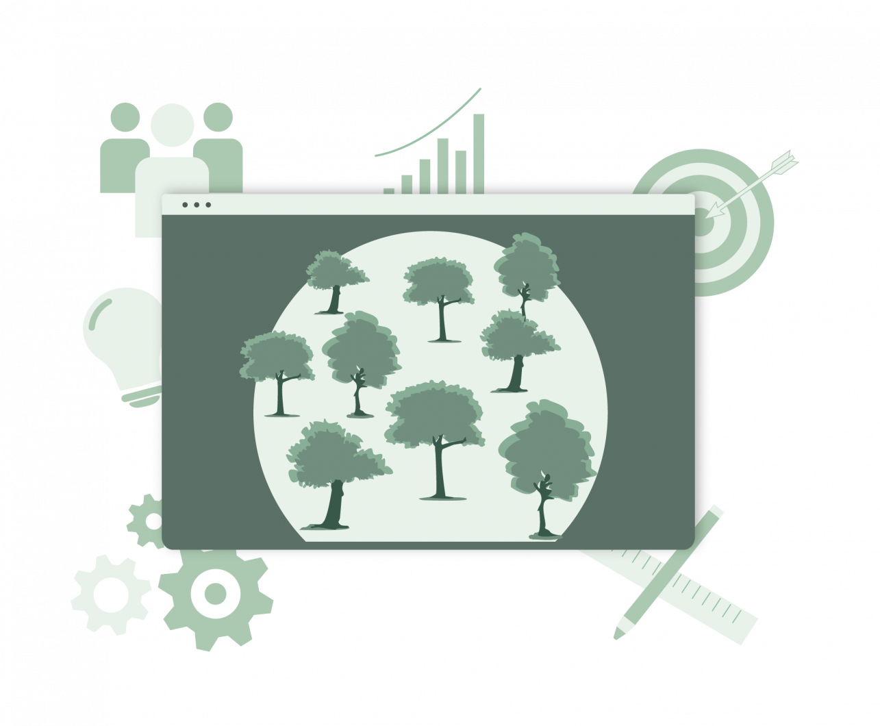 Das ist eine Illustration von einem Mac Bildschirm, in der ein Wald aufgezeigt ist. Um den Bildschirm sind verschiedene Icons, die für eine Konzeptionierung stehen.