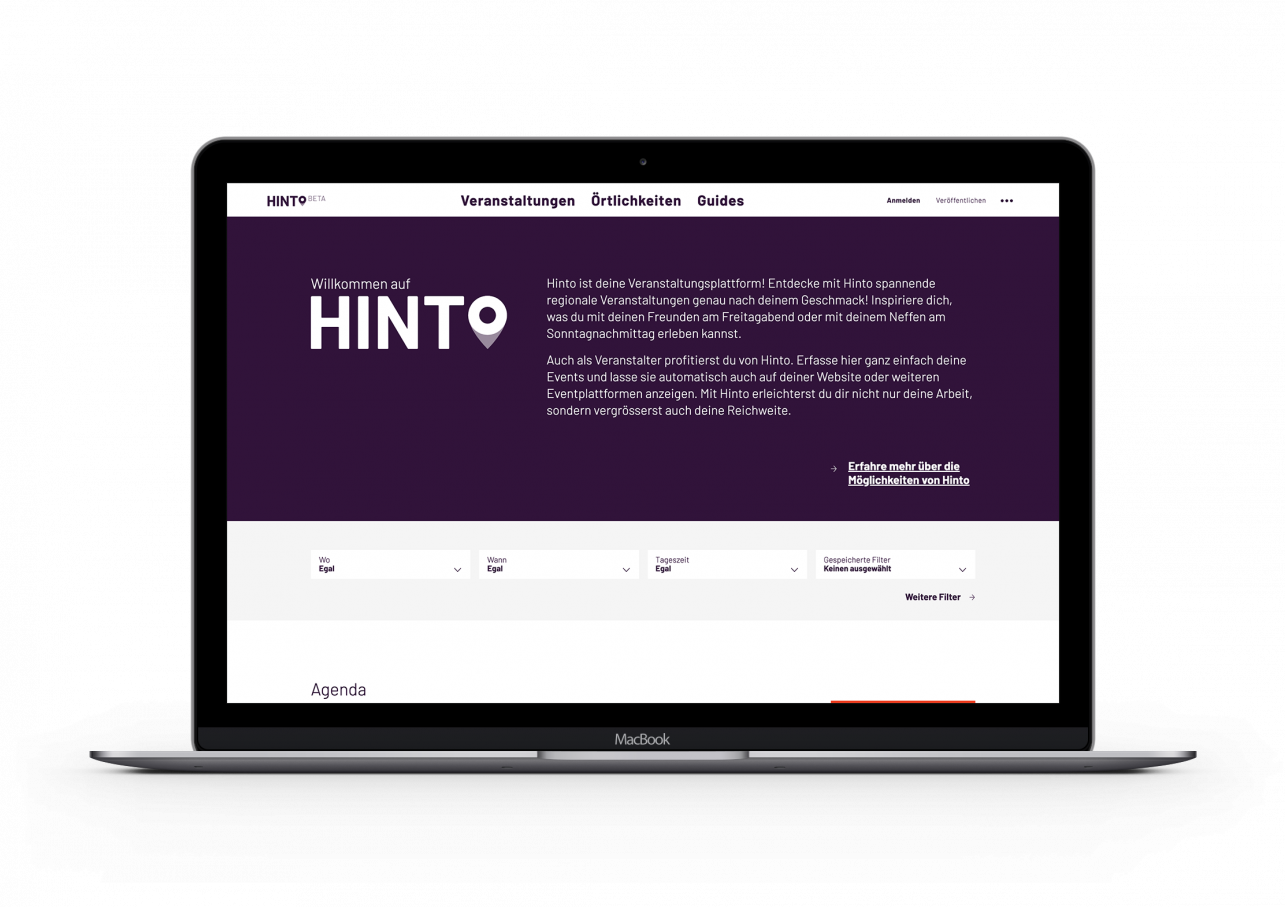 Mockup der Startseite der Website Hinto.ch. Darauf ist der Begrüssungssatz sowie die Filtermöglichkeiten für kommende Events zu sehen.
