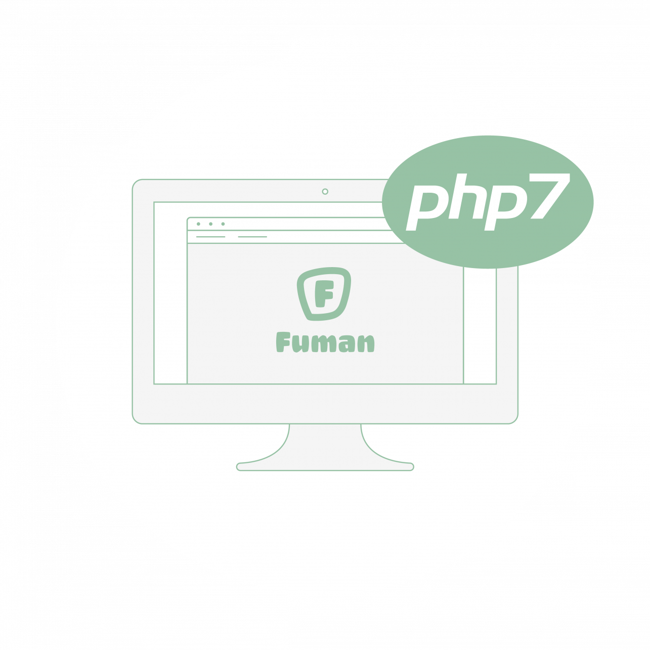 Grafik eines Bildschirms, auf dem ein Icon und der Schriftzug "Fuman" zu lesen sind. In der oberen rechten Ecke eine Blase mit dem Schriftzug PHP7.
