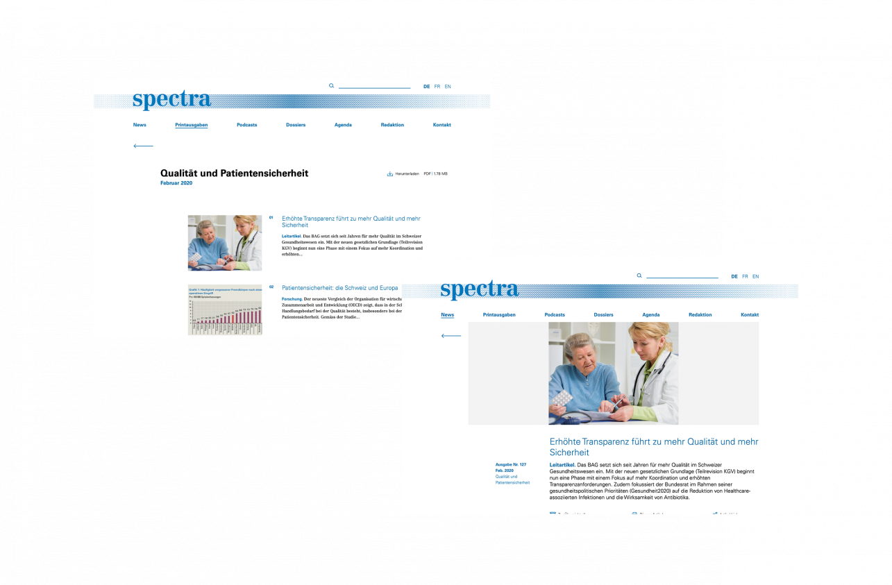 2 Ansichten eines Bildschirms mit verschiedenen Seiten der Website spectra-online.ch