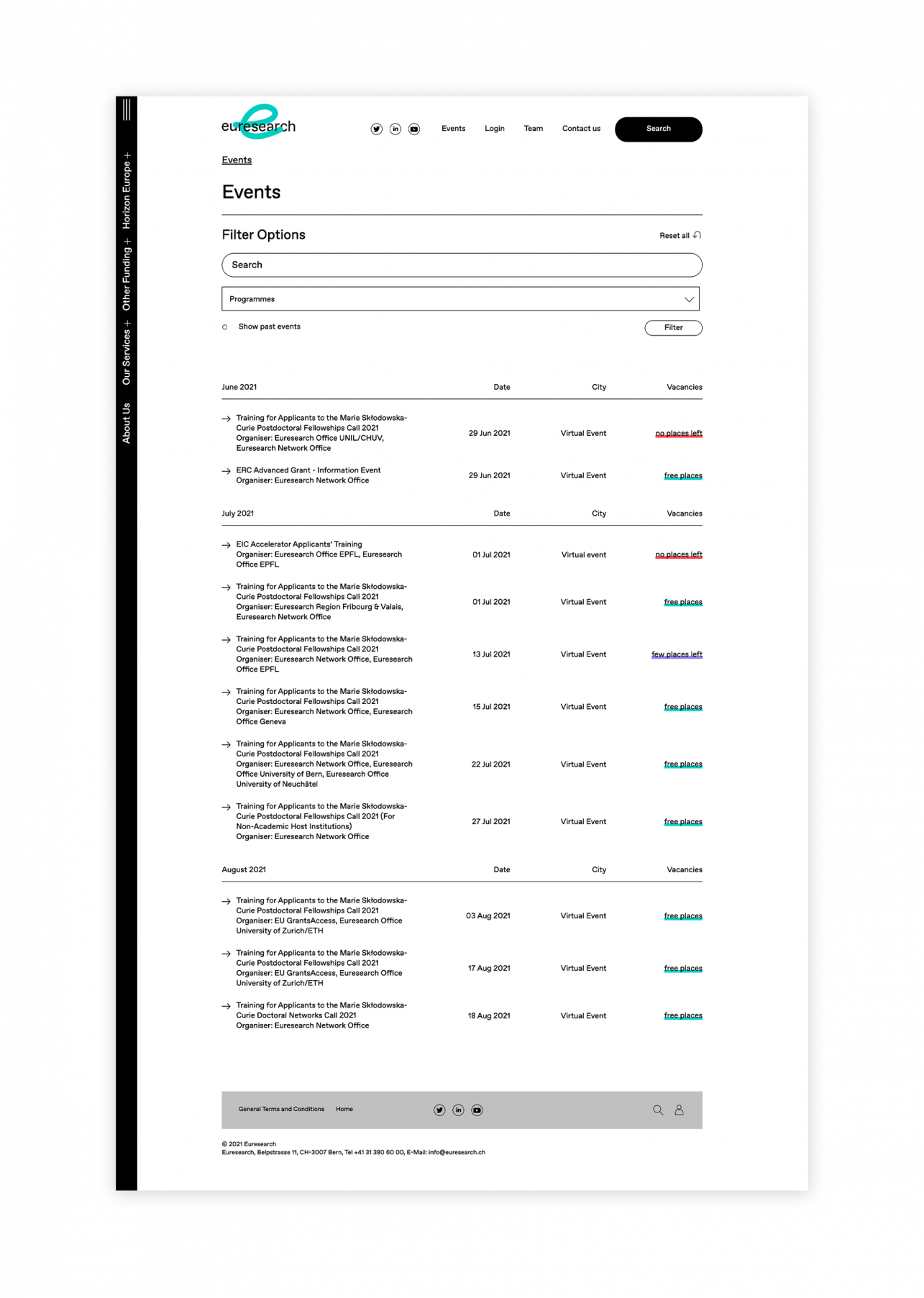 Screenshot der Seite "Events" auf euresearch.ch. Darauf ist eine Seite mit den aktuellen Events und dem Anmeldelink zu sehen.