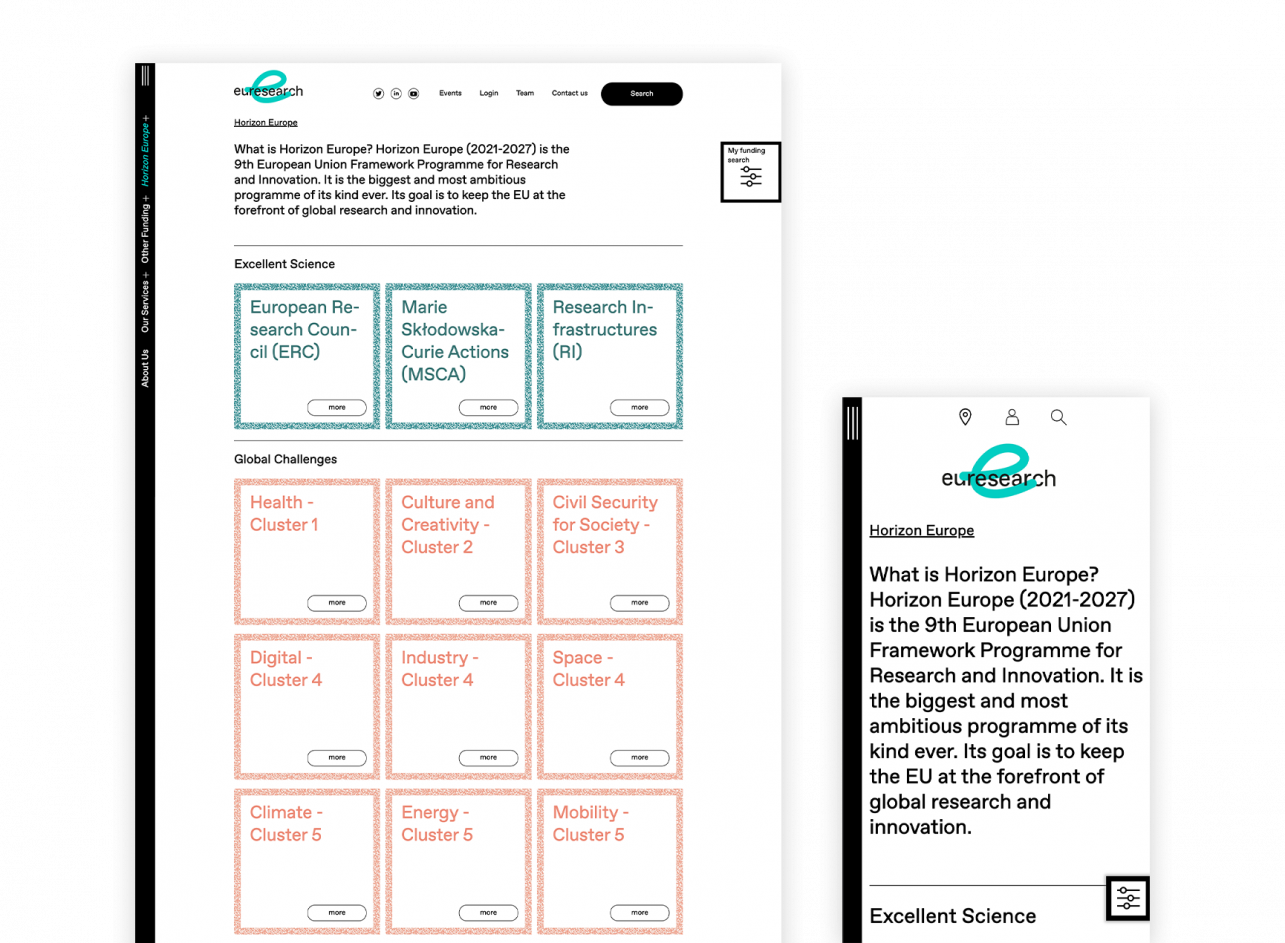 Ansicht von zwei Seiten von euresearch.ch. Auf dem linken Teil ist eine Übersicht der Förderprogramme zu sehen. DDas rechte Bild zeigt die gleiche Seite in der Mobilen Ansicht.