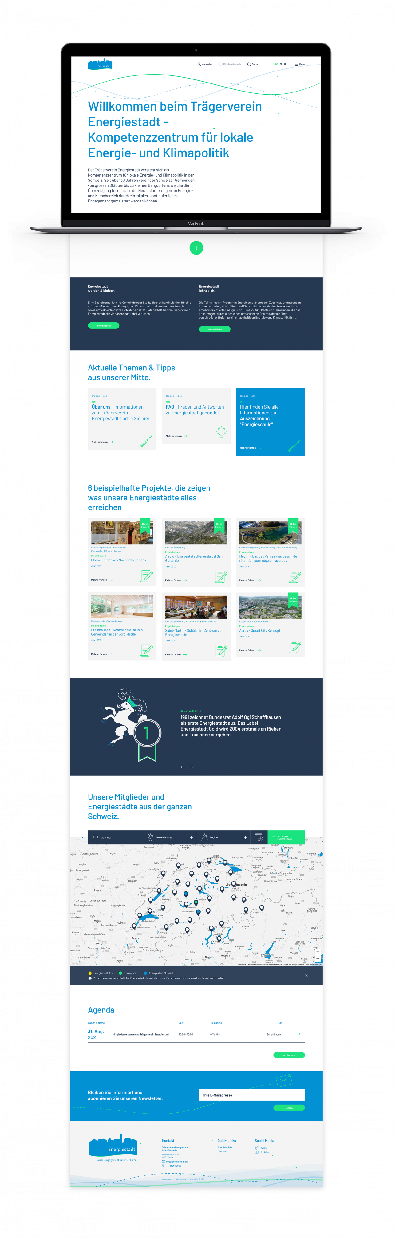 Screenshot der Startseite der Website energiestadt.ch. Darauf sind untereinander ein einleitender Text zu sehen, danach eine Auswahl an Beispielprojekten, ein Abschnitt mit Zahlen + Fakten zu Klima und Energie, eine Karte mit der Übersicht der Energiestäd