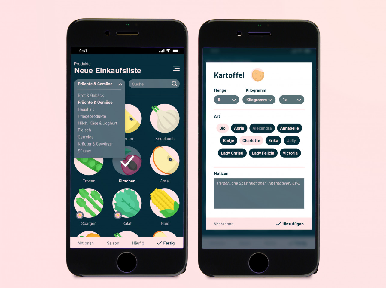 Zwei Handybildschirme mit der geöffneten Loma-App. Eine zeigt eine Ansicht, auf der Produkte erfasst werden. Die andere zeigt die Erfassung der Abholstellen.