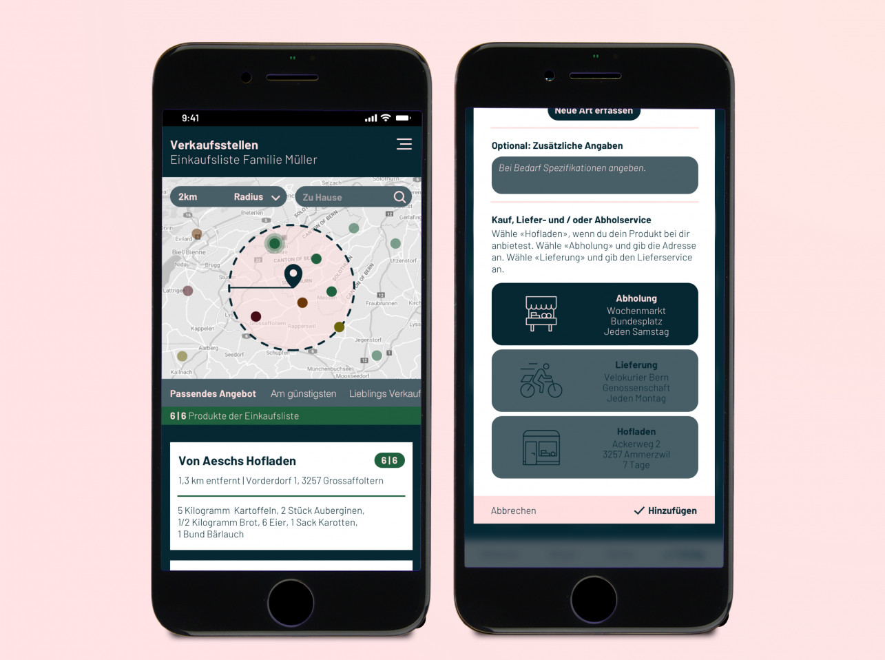 2 Handybildschirme mit der geöffneten Loma-App. Auf der einen ist eine Karte mit den Bauernhöfen in der Nàhe zu sehen, auf der anderen eine Einkaufsliste.