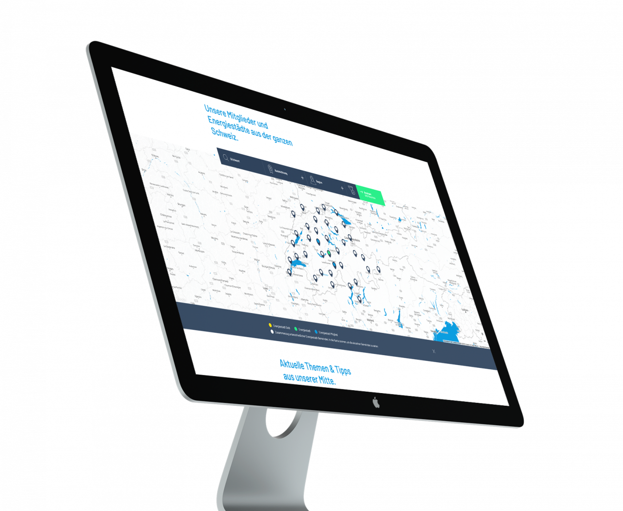 3D-Ansicht eines Bildschirms mit einer Seite von Energiestadt.ch, auf welcher eine Karte mit den Energiestädten zu sehen ist.