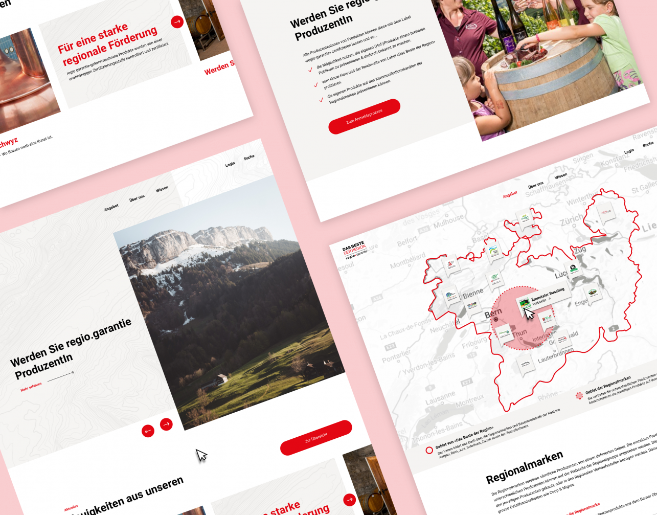 Darstellung von 4 Screenshots von verschiedenen Seiten von regionalprodukte.ch, die das Design veranschaulichen sollen.