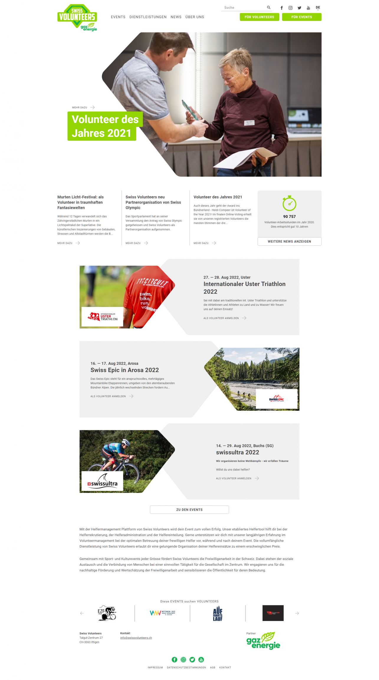 Screenshot der Startseite von swissvolunteers.ch, Programmierung + Design by fugu GmbH Webagentur Bern