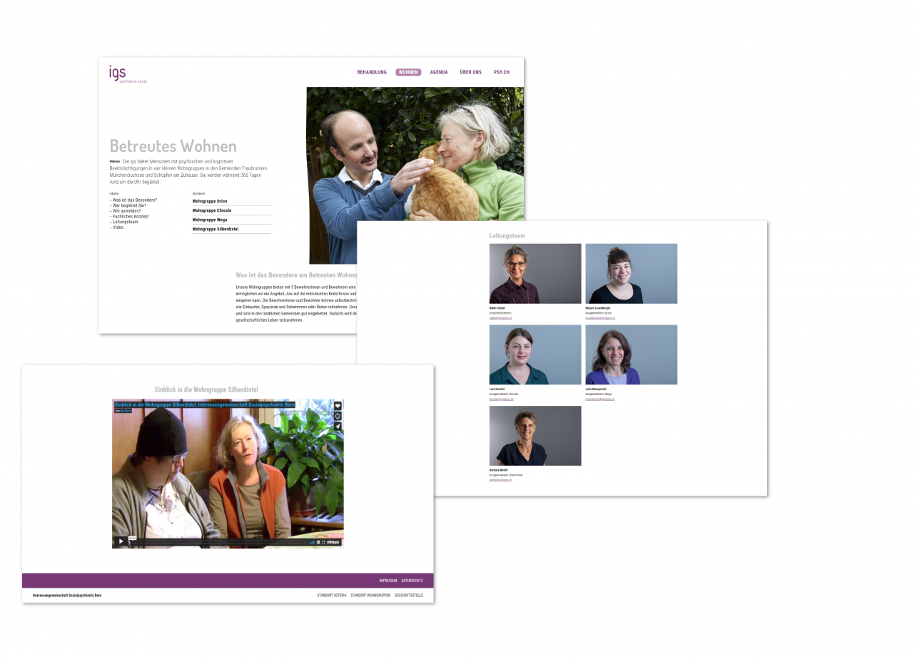 Zusammenstellung verschiedener Ausschnitte der Seite "Wohnen" von igsbern.ch, Design von fugu GmbH Webagentur Bern