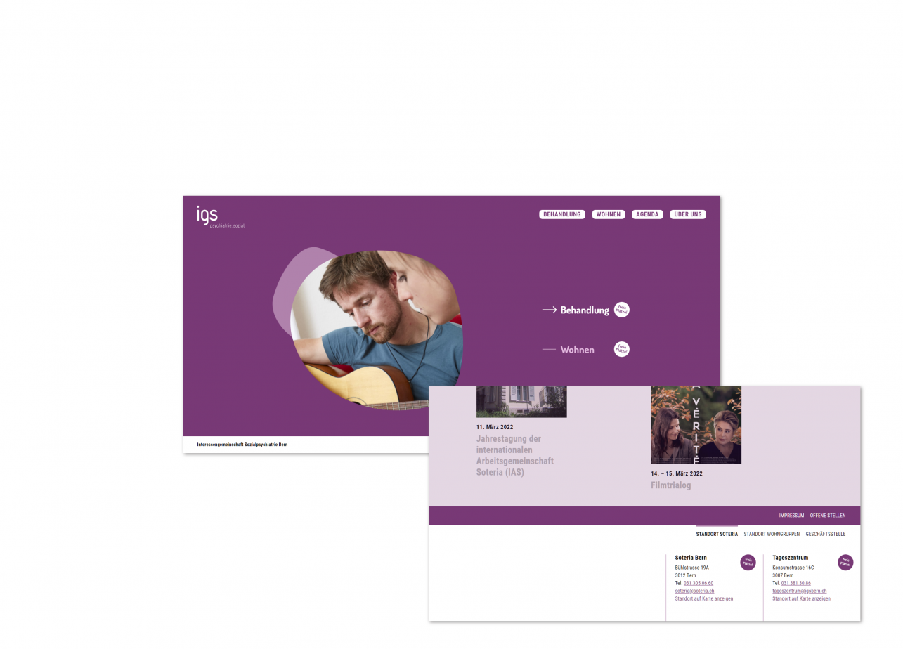 Zusammenstellung verschiedener Ansichten der Website igsbern.ch, auf der die freien Plätze in den Wohngruppen angezeigt werden. Programmierung von fugu GmbH Webagentur Bern.