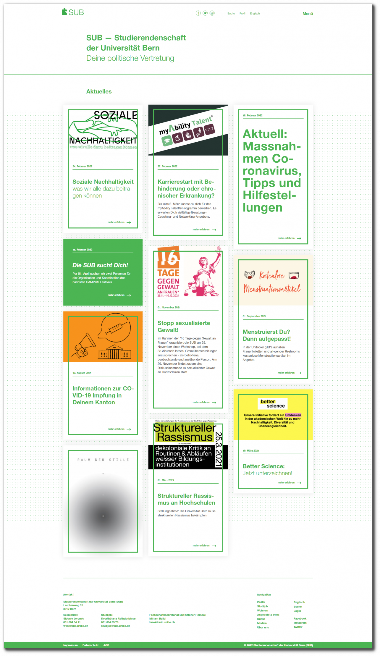 Screenshot der Startseite von sub.unibe.ch, Design by fugu GmbH Webagentur Bern