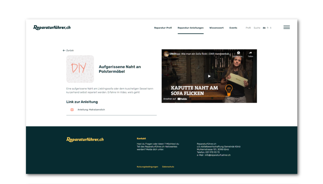 Screenshots von reparaturführer.ch mit einer Video-Anleitung