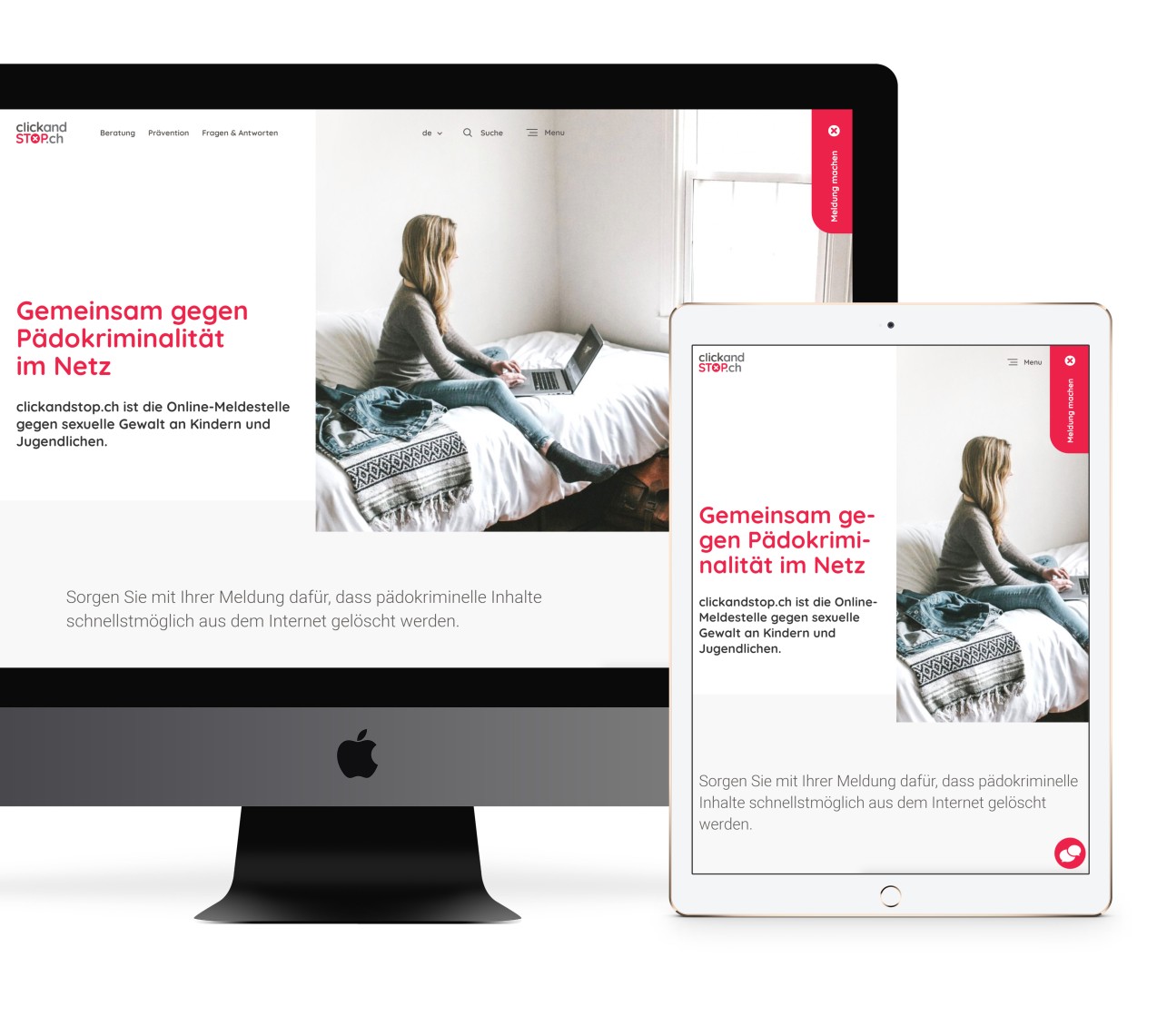 Screenshot der Startseite von clickandstop.ch, dargestellt als Ansicht auf Computer- und Tabletbildschirm.