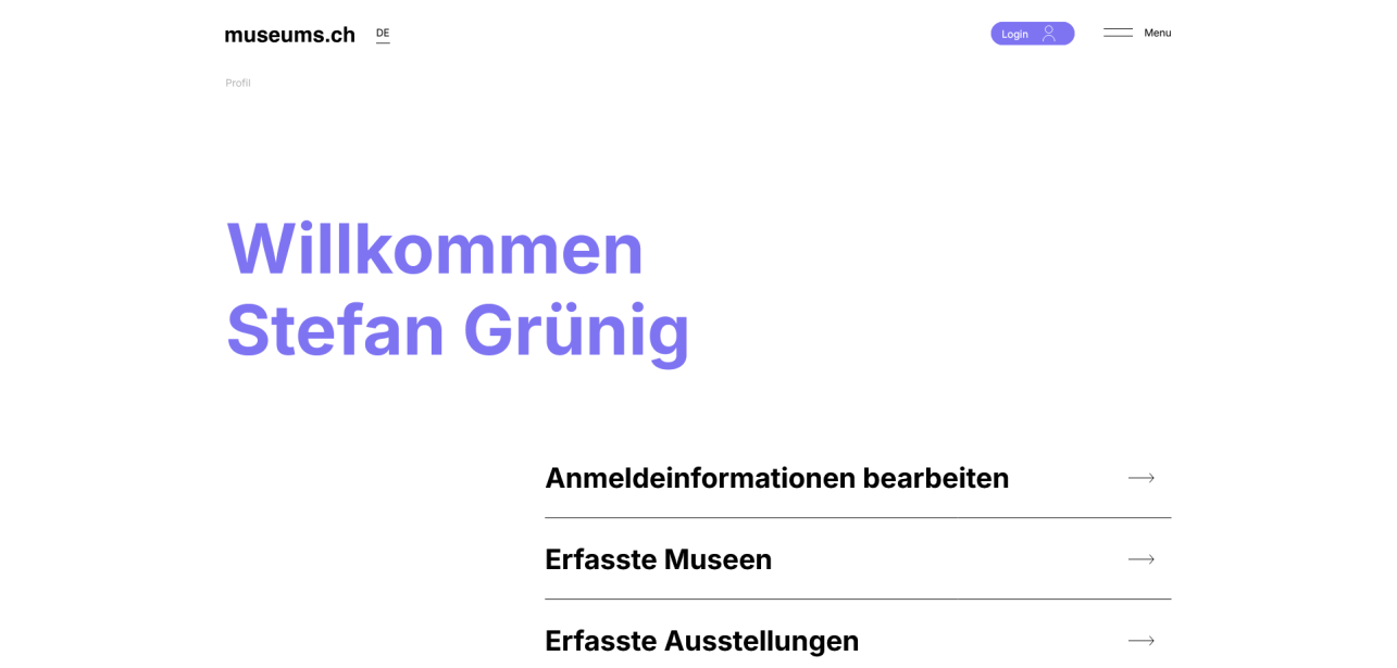 Startseite des Middle-end. Die User können Jobs, Veranstaltungen und ihr eigenes "Museums-Profil" selbständig bewirtschaften.