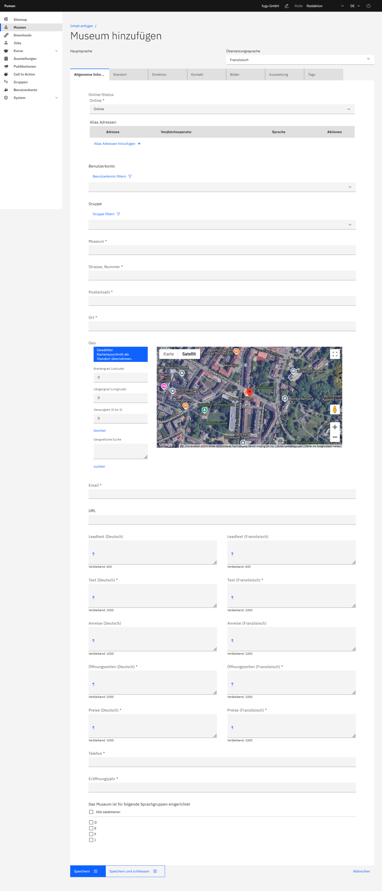 Museums kann im Backend (fuman CMS) sämtlichen Content mehrsprachig und effizient bewirtschaften, auch auf einem mobilen Endgerät (responsive Backend).