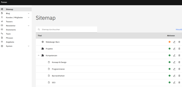 Die Sitemap ist das Herzstück jeder Website. Im Backend kann diese mittels Drag & Drop strukturiert werden.
