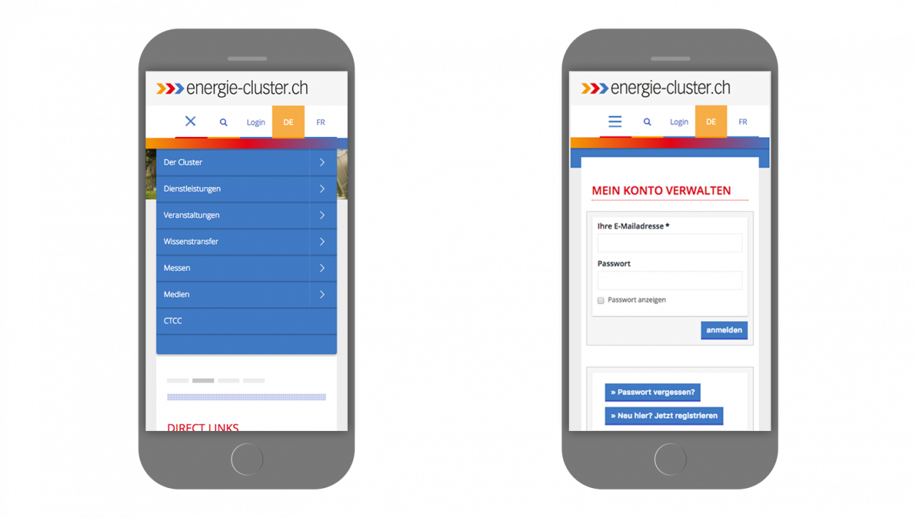 Das Mockup zweier Smartphones zeigt zwei Ausschnitte der Website mit der Navigation der Webseite auf mobilen Geräten. 