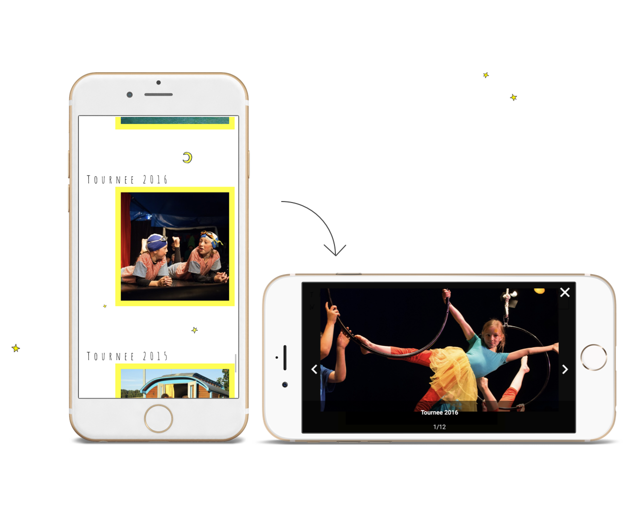Bild zeigt zwei Smartphones stehend uns liegend. Das Bild zeigt auf, wie sich die Webseite verhält, wenn man das Smartphone horizontal dreht. Die Webseite ist responsive.