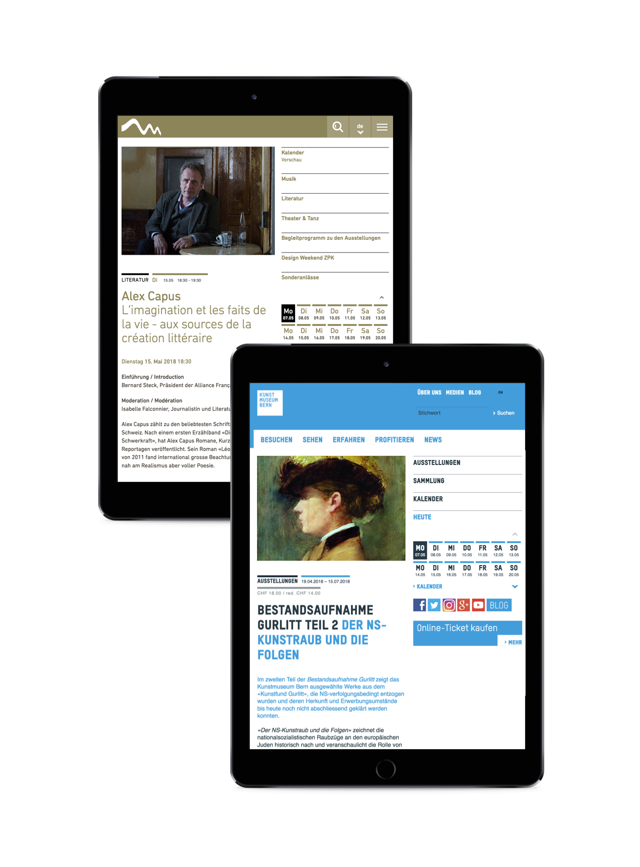 Webdesign Bern: die responsiven Webseiten des KMB und des ZPK funktionieren auch auf Mobile Devices. Das Bild zeigt zwei Ipads mit dem webbasierten Veranstaltungskalender der beiden Museen.