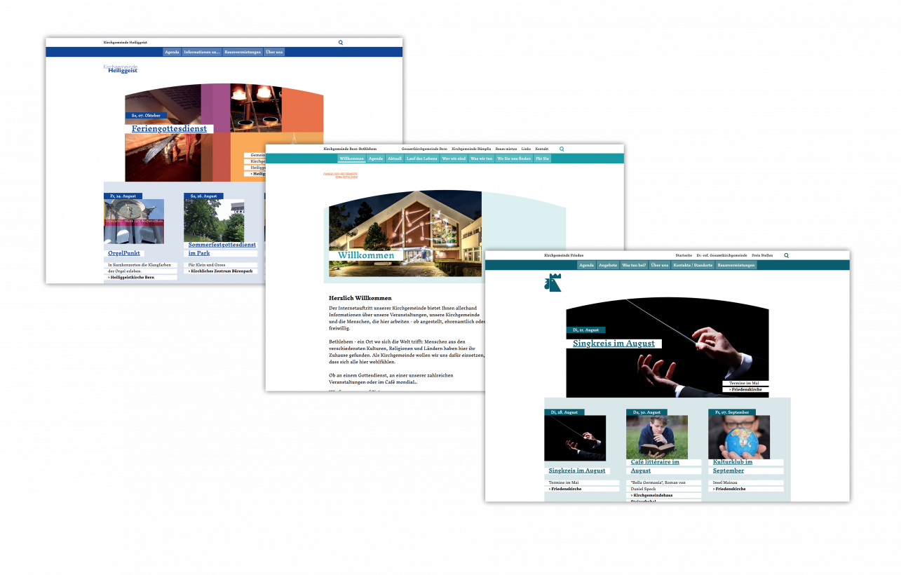 Das Bild zeigt drei Webseiten nebeneinander. Sie zeigen alle das gleiche Design, aber haben einen anderen Inhalt. Jede Krichgemeinde bewirtschaftet seine Website selbst.