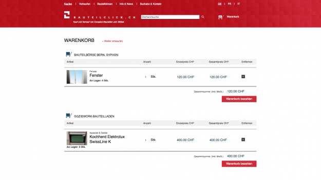 Ausschnitte vom Onlineshop Bauteilclick, auf dem man Objekte von der Baubörse in Bern und Basel kaufen kann.